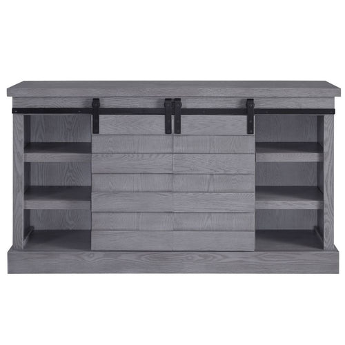 Acme 91616 Amrita grand serena grey oak finish wood farmhouse style tv stand with barn door style doors