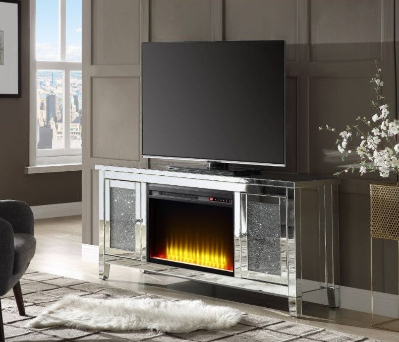 Acme 91770 Everly quinn albaugh noralie mirrored top 59" TV stand with faux diamond inlay