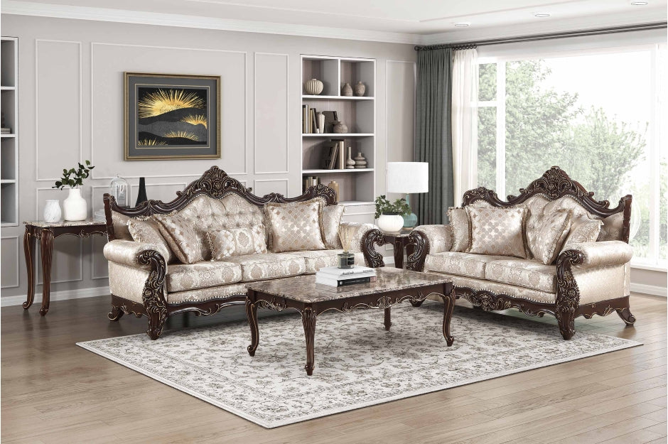 Sovereign Two-Tone Chenille & Faux Silk Traditional Sofa and Love Seat Set with Wood Trim – 9178NBR-SL