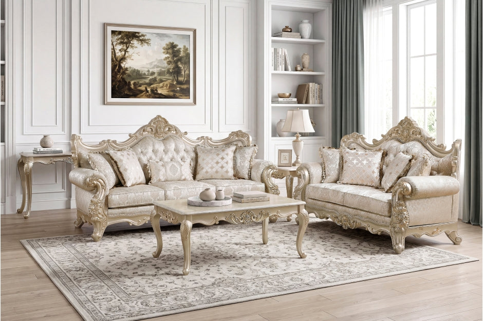 Sovereign Two-Tone Silver Chenille & Faux Silk Traditional Sofa and Love Seat Set with Wood Trim – 9178SVNBR-SL