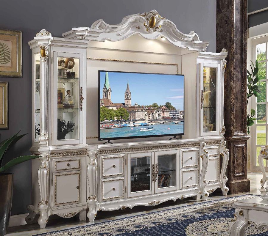 Acme 91815 4 pc Astoria grand roza picardy antique pearl finish wood entertainment center wall unit