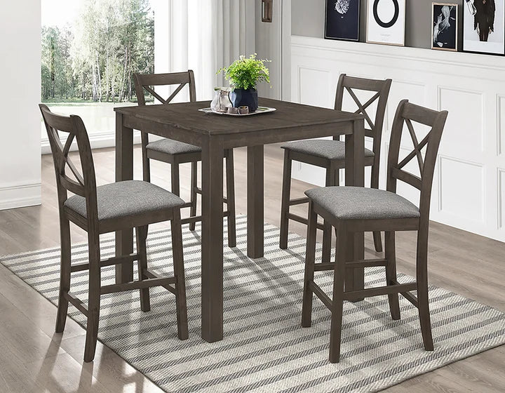 5-Piece Antique Oak Wood Square Counter Height Dining Table Set with Upholstered Seats – 9187-5PC
