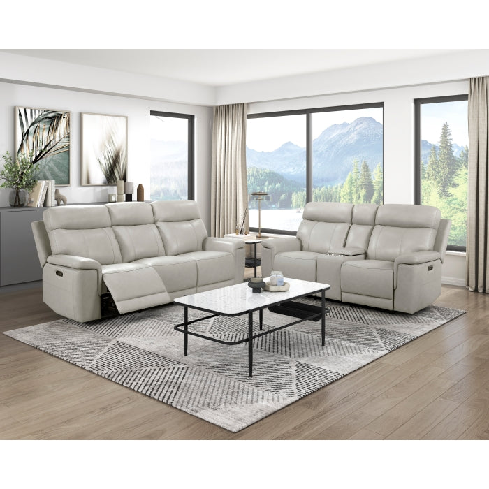 Homelegance  9199TPE-2PWH 2 pc Celestia light gray top grain leather sofa and love seat power recliner and power headrests