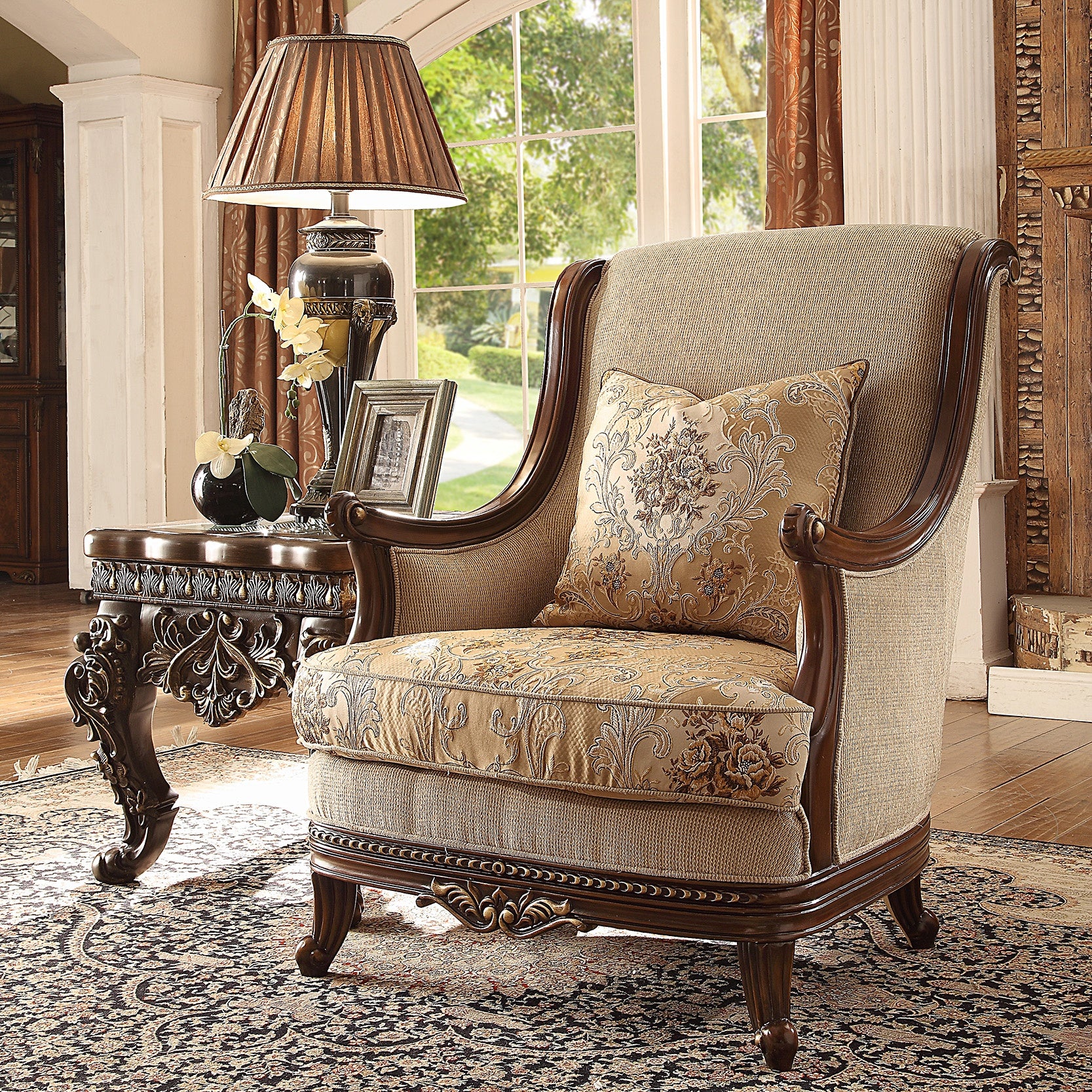 HD-92-3PC Extra dark walnut finish wood and multi tone fabric upholstery ornate accents Sofa , love and chair living room set lark manor