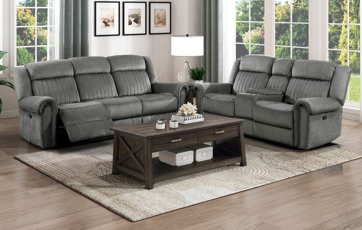 Homelegance 9204CC-2PC 2 pc Brennen charcoal textured microfiber Sofa and love seat with standard motion recliner ends nail head trim
