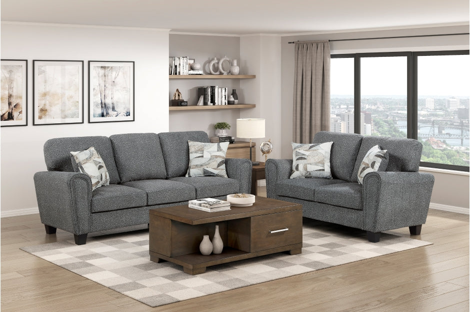 Homelegance 9214NGH-2PC 2 pc Lemond dark grey chenille fabric sofa and love seat set rounded arms