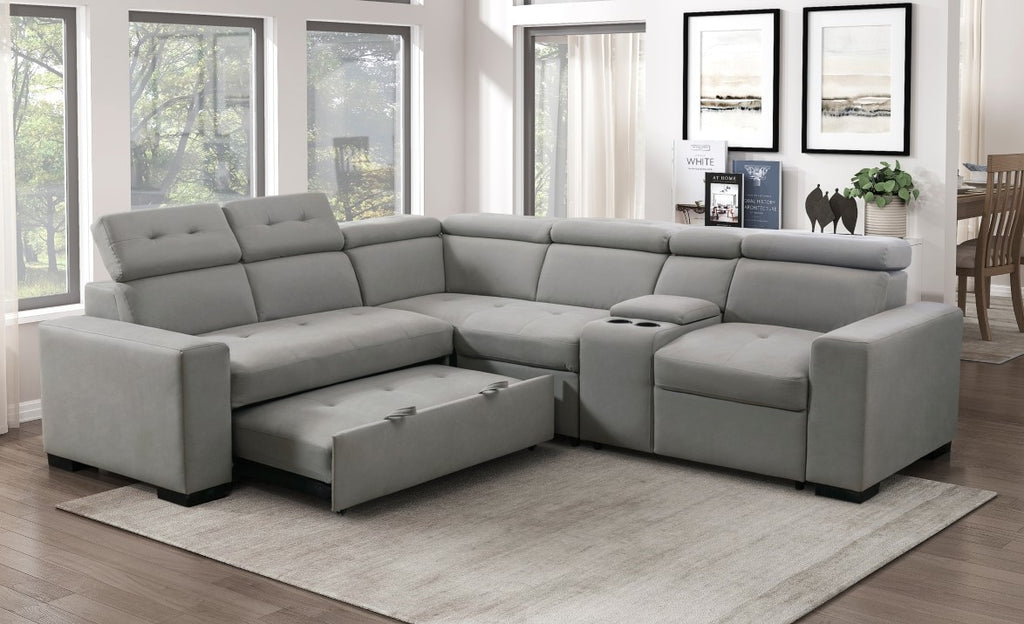 Homelegance 9219GY-SC 3 pc Farrah light gray polished microfiber sectional sofa with pop up chaise / sleep area and cup console