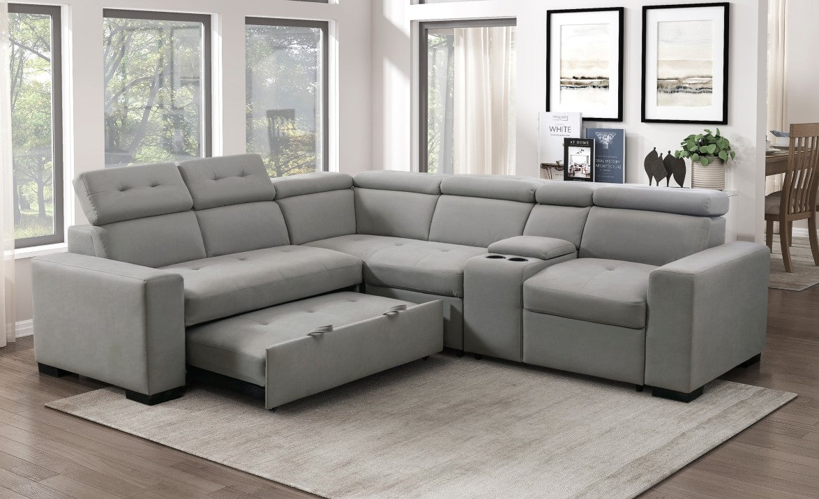 Homelegance 9219GY-SC 3 pc Farrah light gray polished microfiber sectional sofa with pop up chaise / sleep area and cup console