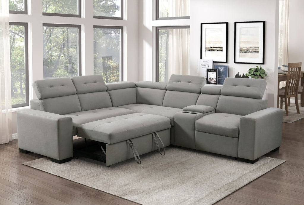Homelegance 9219GY-SC 3 pc Farrah light gray polished microfiber sectional sofa with pop up chaise / sleep area and cup console