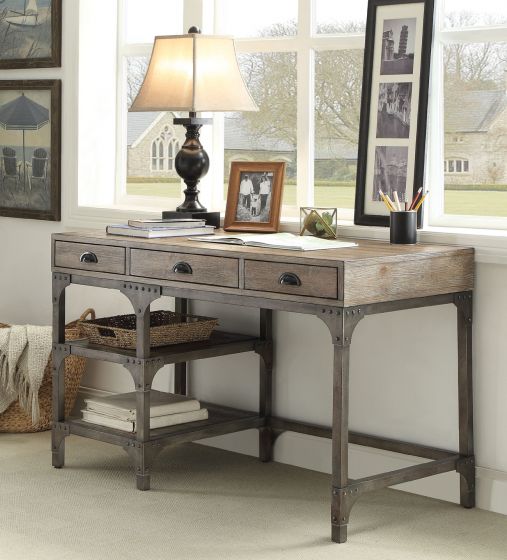 Acme 92325 Three posts griselda gorden weathered oak finish wood antique silver metal frame desk