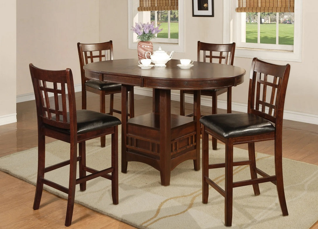 Asia Direct 9237-39 5 pc espresso finish wood 42" round / 60" oval counter height dining table set faux leather chairs