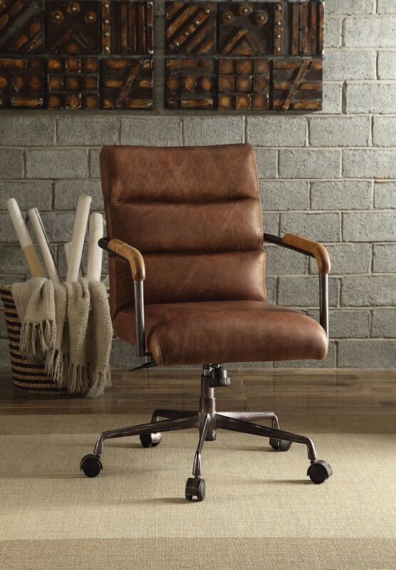 Acme 92414 Harith retro brown top grain leather office chair with lift and casters