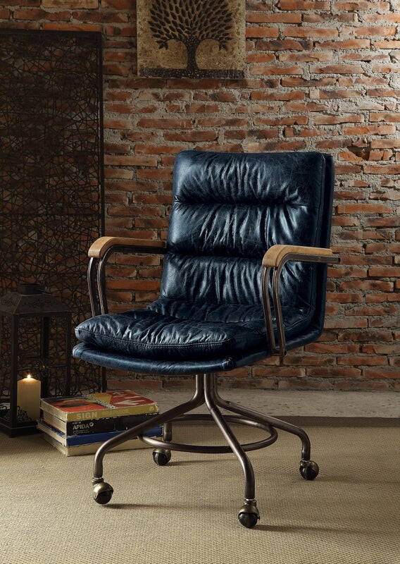 Acme 92417 Harith vintage blue top grain leather office chair with casters