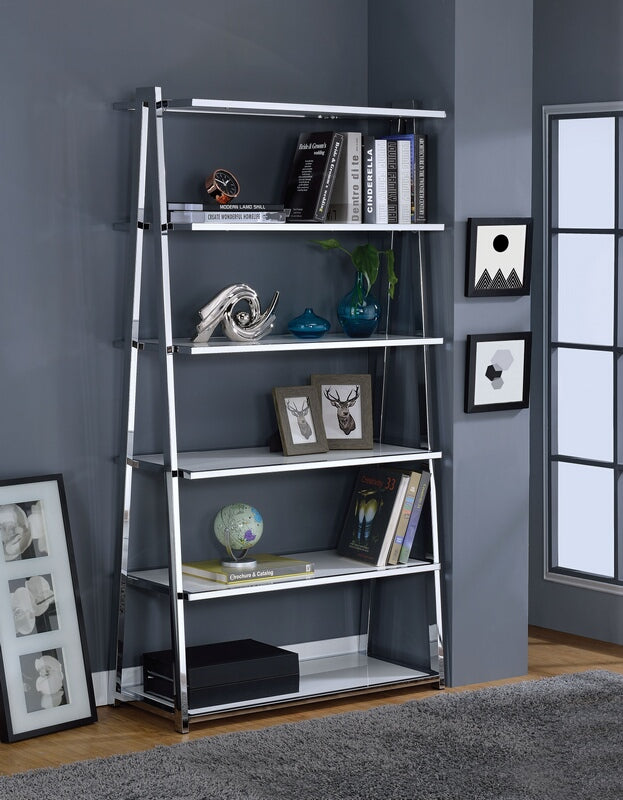 Acme 92455 Coleen white high gloss wood chrome metal 6 tier book case shelf unit
