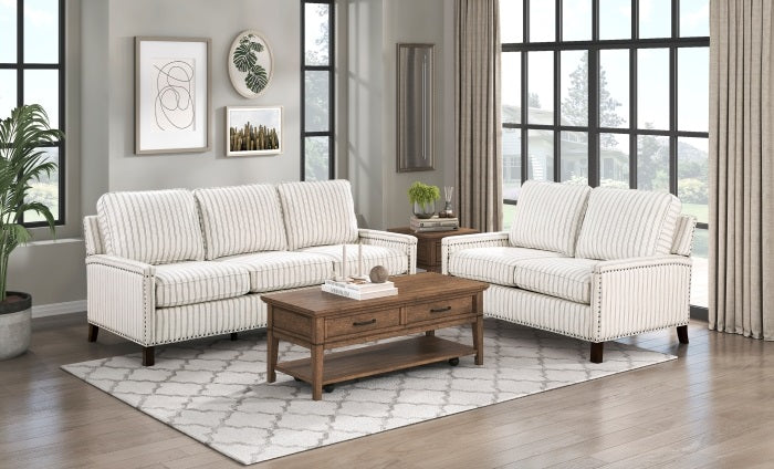 Homelegance 9257-SL 2 pc Landrum beige and grey stripe textured fabric sofa and love seat set with nail head trim accents