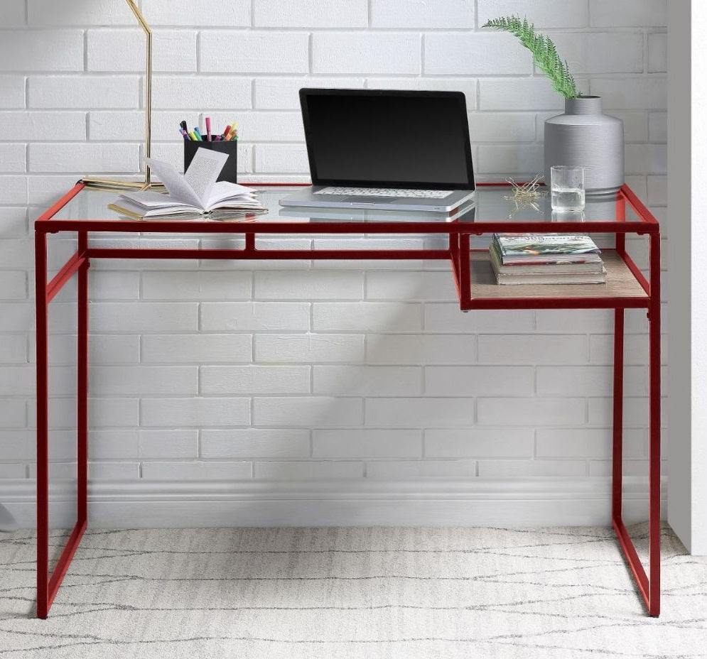 Acme 92584 Wade logan yasin red metal frame glass top and shelf student computer writing desk