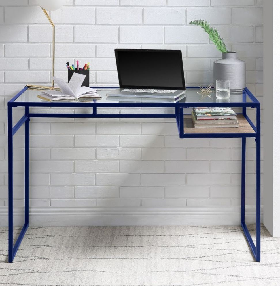 Acme 92586 Wade logan yasin blue metal frame glass top and shelf student computer writing desk