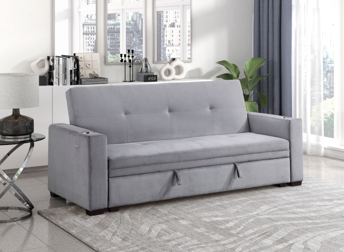 Homelegance 9258  Winston porter michah grey velvet fabric sofa with drop down back and pop up storage area