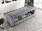 Homelegance 9258  Winston porter michah grey velvet fabric sofa with drop down back and pop up storage area