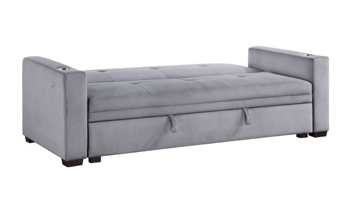 Homelegance 9258  Winston porter michah grey velvet fabric sofa with drop down back and pop up storage area