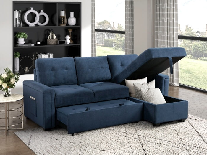 Homelegance 9259-SC 2 pc Barbara blue textured fabric sectional sofa reversible pop up sleep area storage chaise