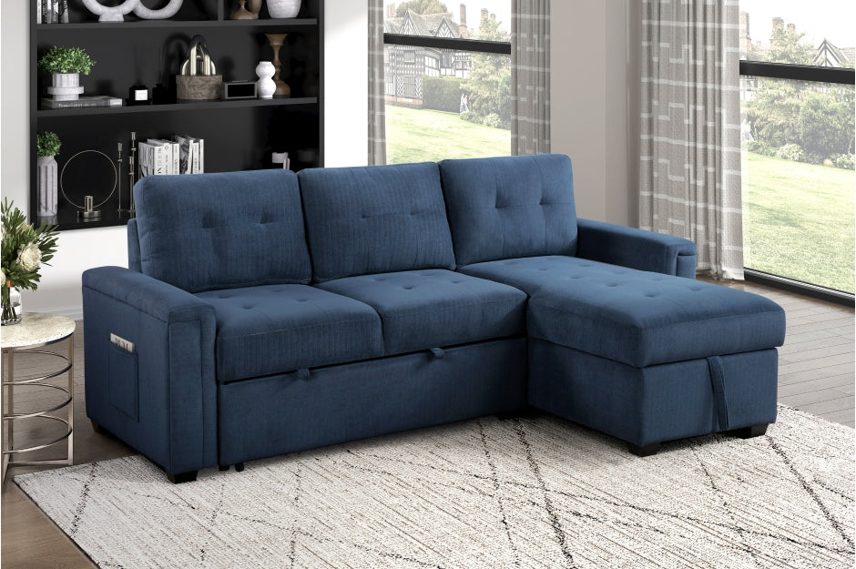 Homelegance 9259-SC 2 pc Barbara blue textured fabric sectional sofa reversible pop up sleep area storage chaise