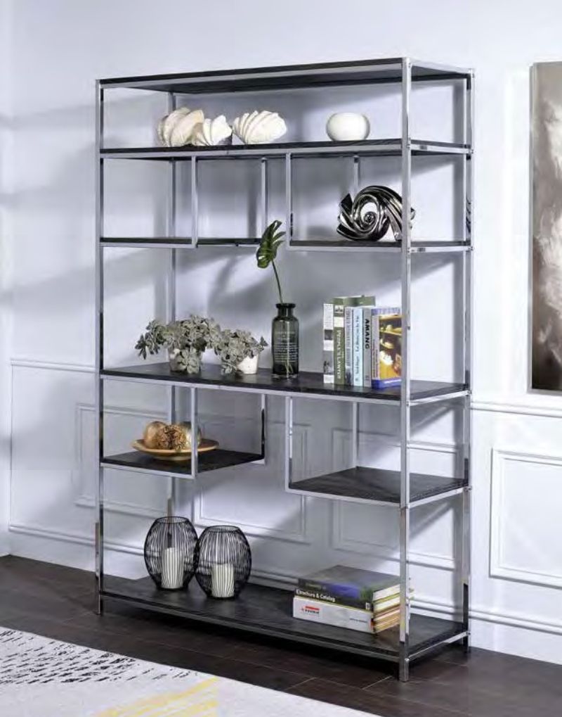 Acme 92657 Latitude run folks vonara rustic gray chrome finish metal multi tier book case shelf unit