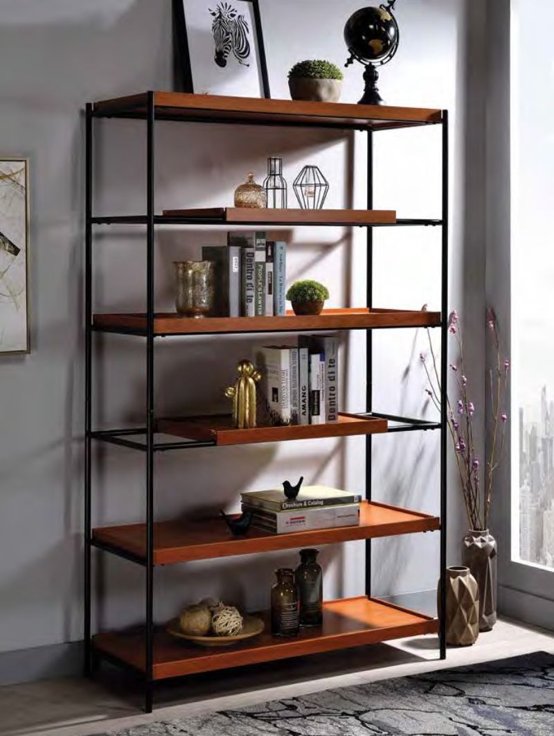 Acme 92677 Oaken honey oak finish wood black metal frame 6 tier book case shelf unit