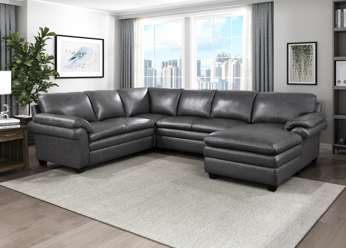 Homelegance 9267GY-42LRC 4 pc Exton gray top grain leather match sectional sofa with chaise and overstuffed cushions