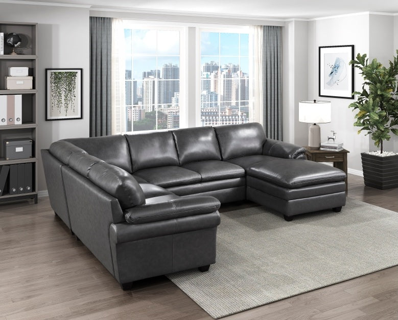 Homelegance 9267GY-42LRC 4 pc Exton gray top grain leather match sectional sofa with chaise and overstuffed cushions