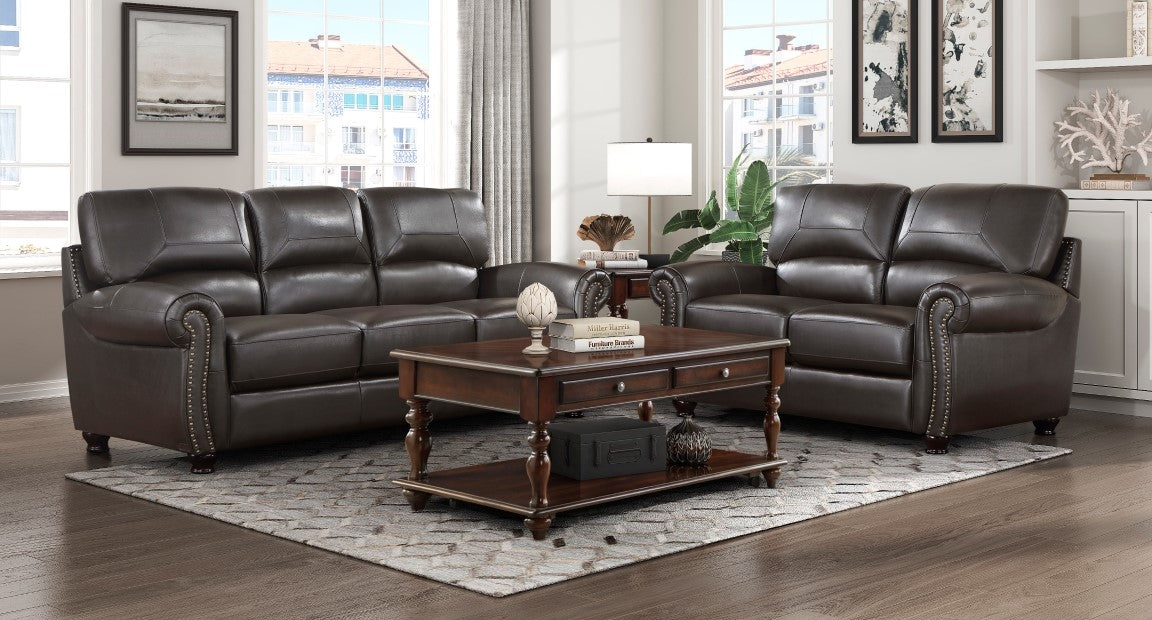 Foxborough Dark Brown Top Grain Leather Nail Head Trim Sofa & Loveseat Set – 9269DB-2PC