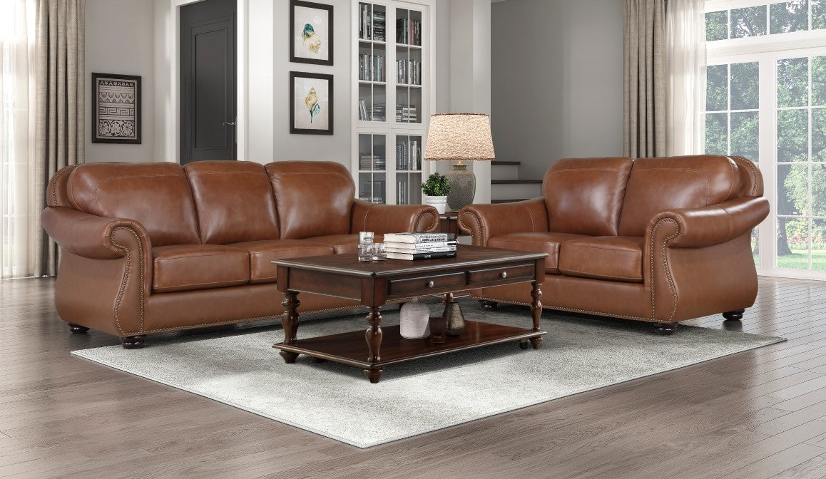 Homelegance 9270BR-2PC 2 pc Attleboro brown top grain leather nail head trim accents sofa and love seat set