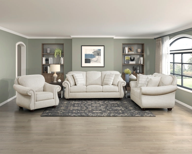Homelegance 9270FBE-2PC 2 pc Attleboro beige textured fabric nail head trim accents sofa and love seat set rounded arms