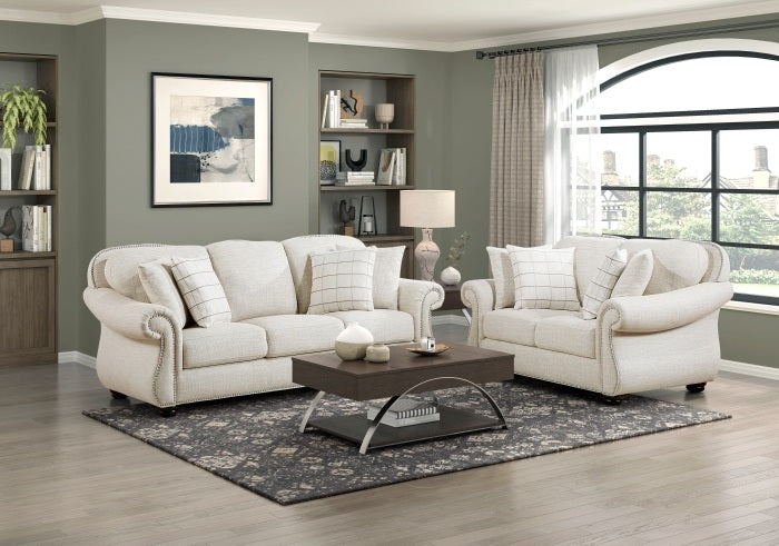 Homelegance 9270FBE-2PC 2 pc Attleboro beige textured fabric nail head trim accents sofa and love seat set rounded arms