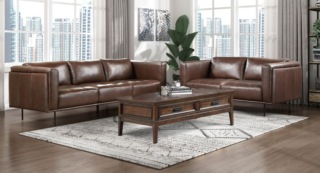 Homelegance 9280BR-2PC 2 pc Soren brown top grain leather mid-century modern sofa and love seat set