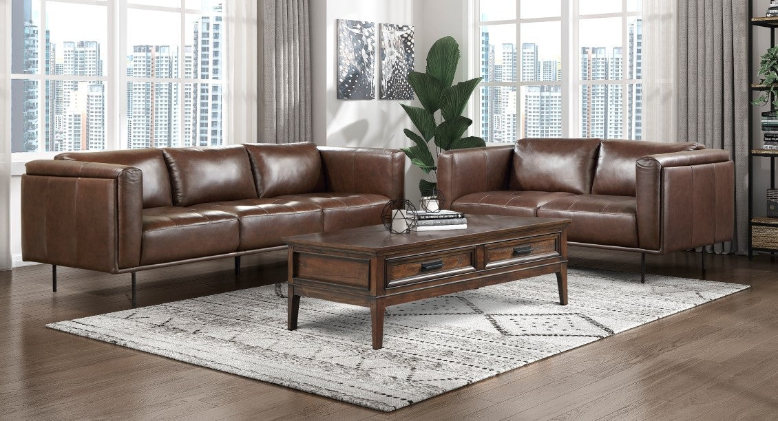 Homelegance 9280BR-2PC 2 pc Soren brown top grain leather mid-century modern sofa and love seat set