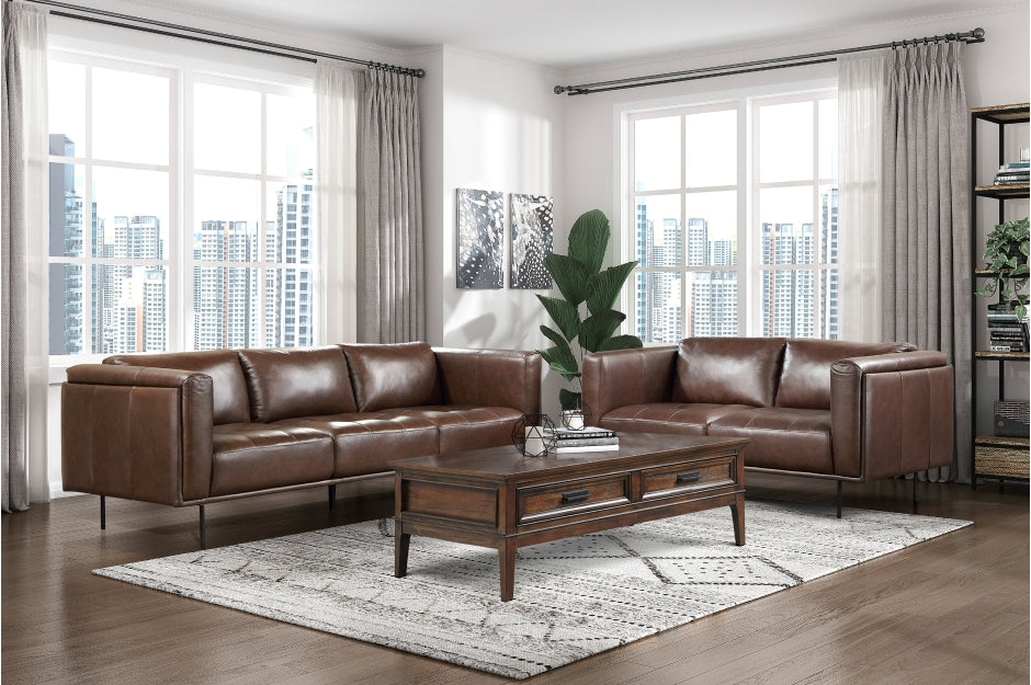 Homelegance 9280BR-2PC 2 pc Soren brown top grain leather mid-century modern sofa and love seat set