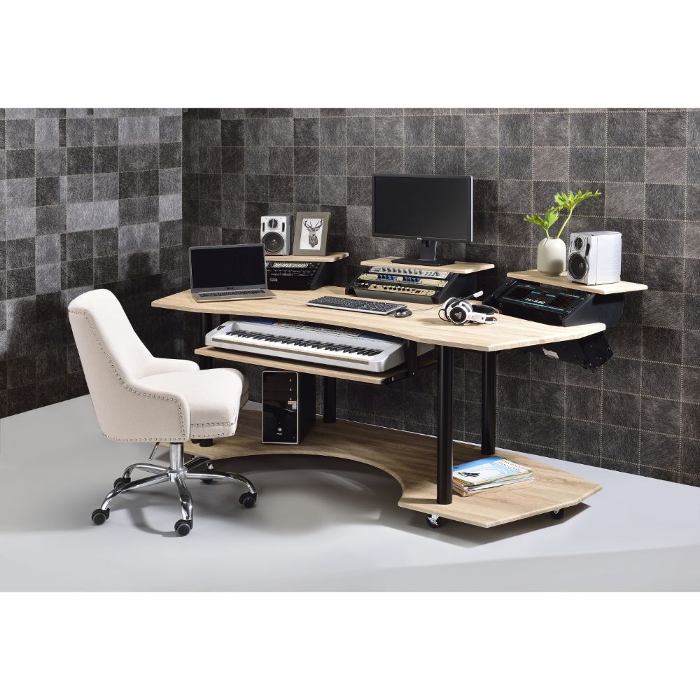 Acme 92897 Inbox zero denah Eleazar black finish metal frame natural oak finish wood gaming table station music studio desk