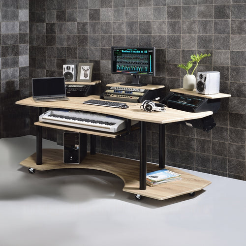 Acme 92897 Inbox zero denah Eleazar black finish metal frame natural oak finish wood gaming table station music studio desk