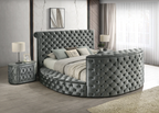 Crown Mark 5212GY Voltare grey velvet fabric tufted round queen storage bed with TV lift and built in LED Fireplace