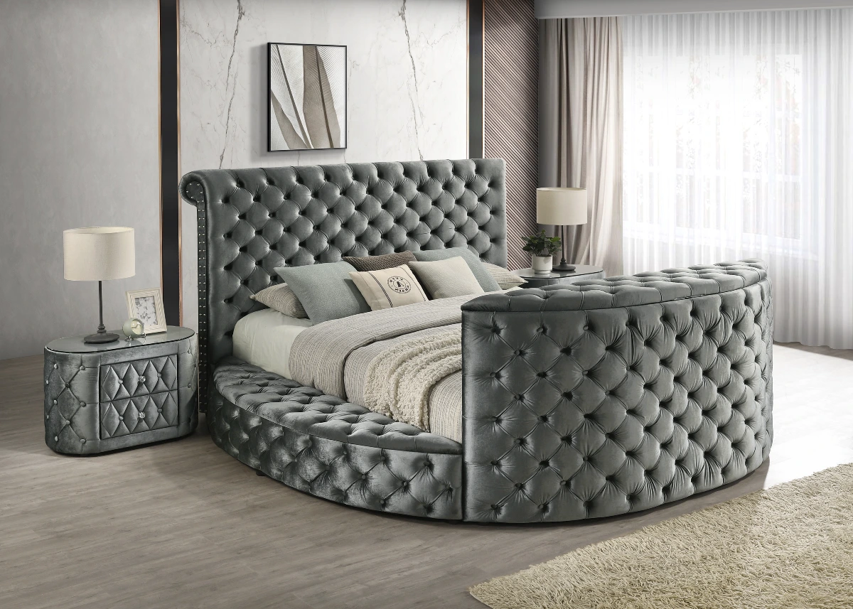 Crown Mark 5212GY Voltare grey velvet fabric tufted round queen storage bed with TV lift and built in LED Fireplace