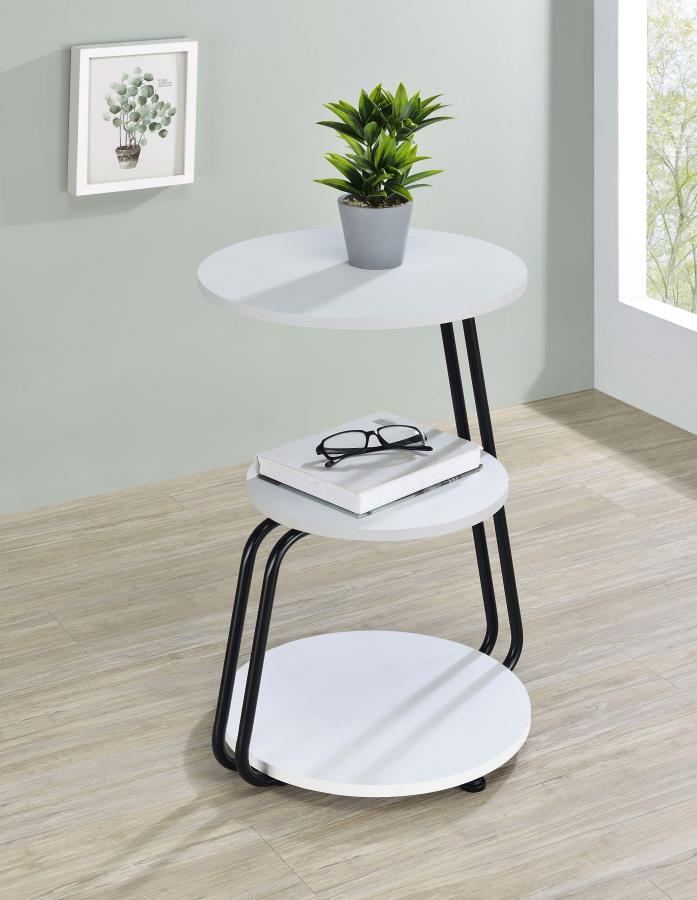 Coaster 930071 Wildon red barrel studio 3 level white finish wood round shelves black metal frame side table