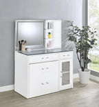 Coaster 930218 2 pc Flora white high gloss finish wood and clear glass top make up bedroom vanity set with light up LED mirror