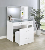 Coaster 930218 2 pc Flora white high gloss finish wood and clear glass top make up bedroom vanity set with light up LED mirror