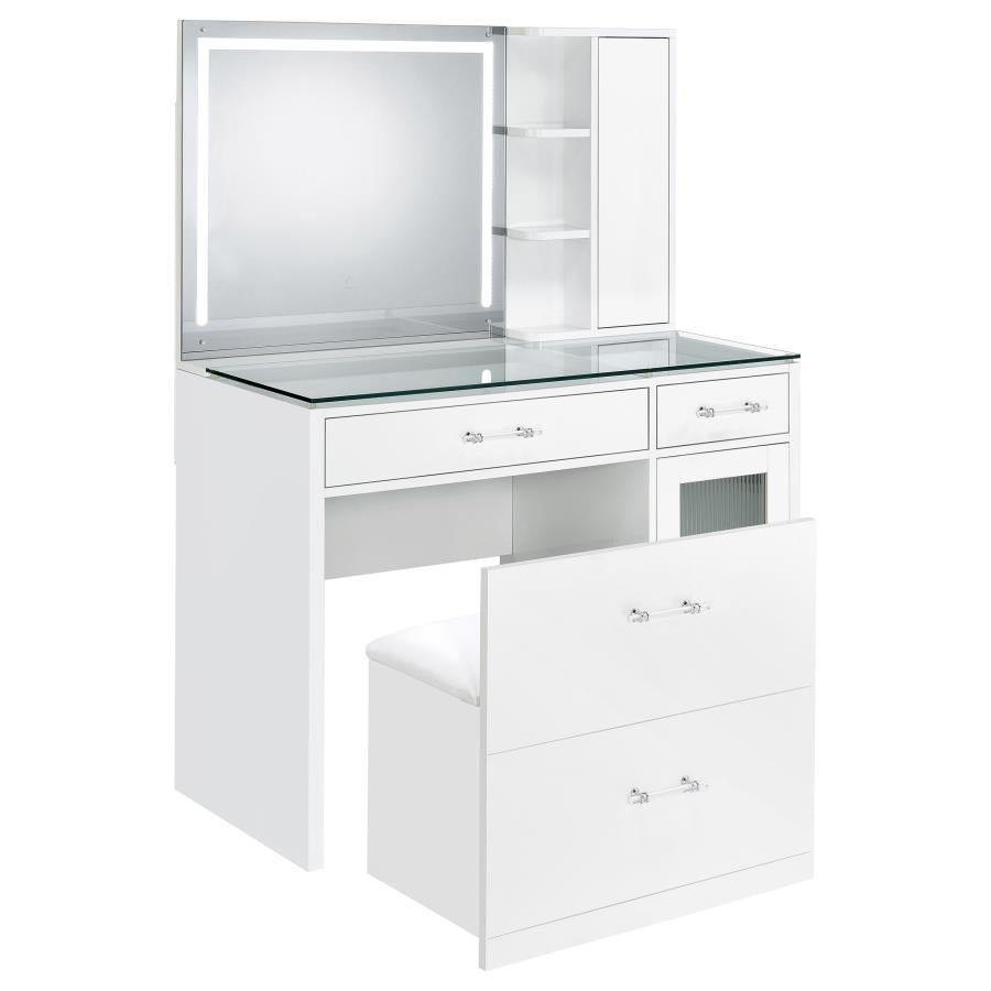 Coaster 930218 2 pc Flora white high gloss finish wood and clear glass top make up bedroom vanity set with light up LED mirror