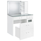 Coaster 930218 2 pc Flora white high gloss finish wood and clear glass top make up bedroom vanity set with light up LED mirror