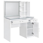 Coaster 930218 2 pc Flora white high gloss finish wood and clear glass top make up bedroom vanity set with light up LED mirror