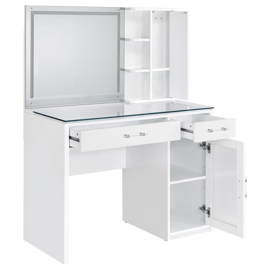 Coaster 930218 2 pc Flora white high gloss finish wood and clear glass top make up bedroom vanity set with light up LED mirror