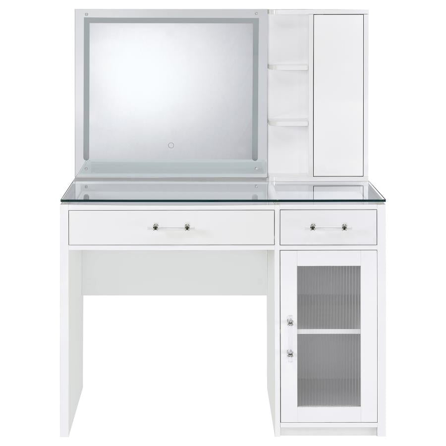 Coaster 930218 2 pc Flora white high gloss finish wood and clear glass top make up bedroom vanity set with light up LED mirror