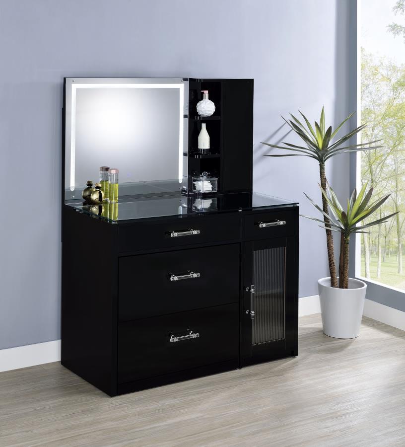 Coaster 930219 2 pc Flora black high gloss finish wood and clear glass top make up bedroom vanity set with light up LED mirror